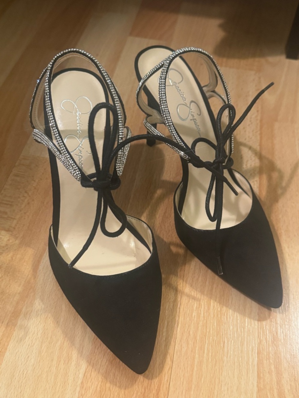 Jessica Simpson Black Pointed Toe Lace-Up Heels with Rhinestone Straps